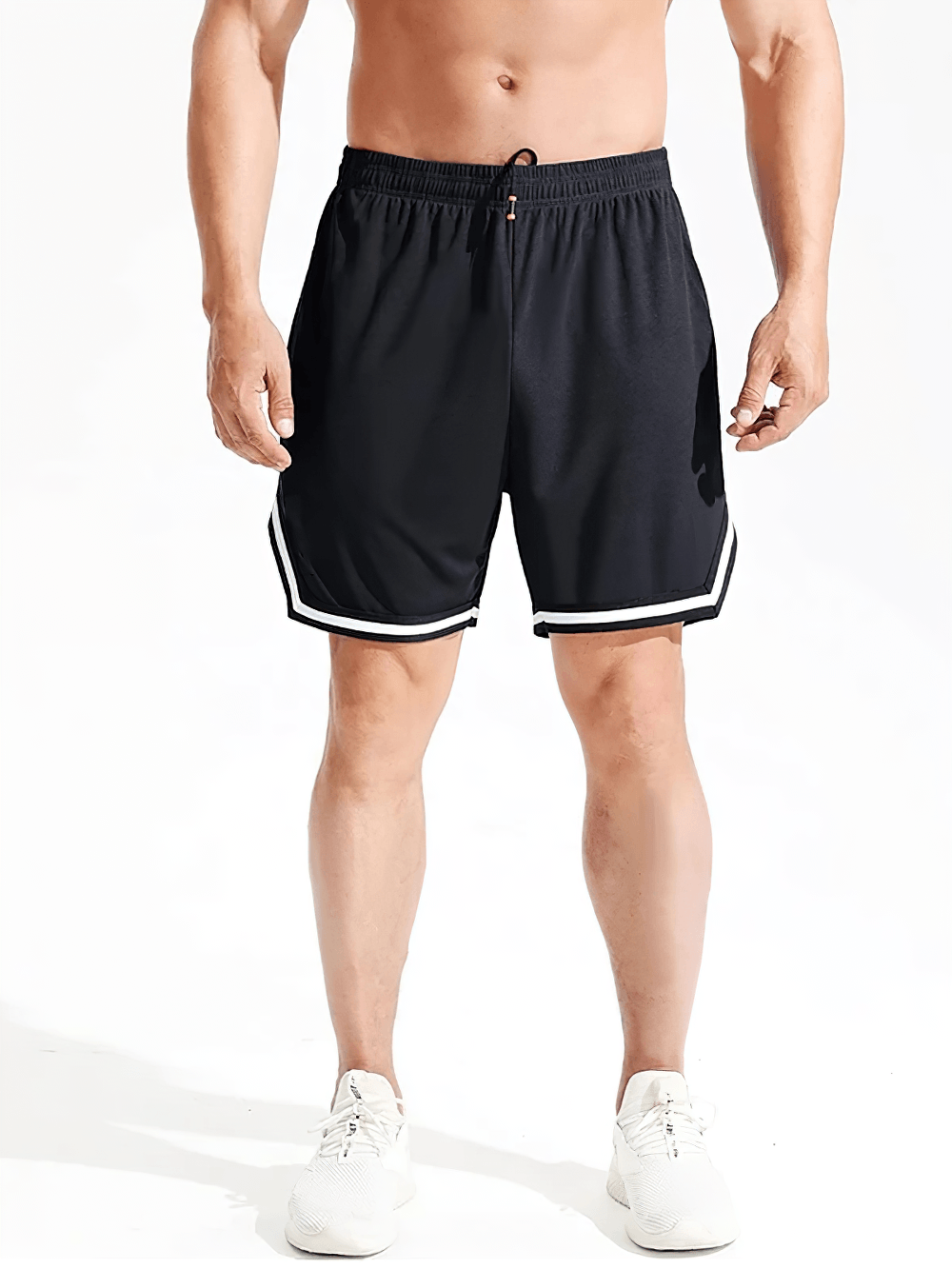 Alt Tag: Elastic Waist Gym and Jogging Basketball Shorts - SF4449 black men's athletic shorts with drawstring waist, side pockets, contrast trim