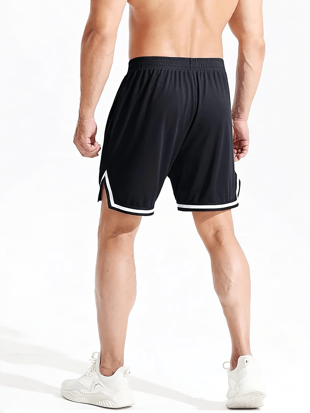 Alt Tag: Elastic Waist Gym and Jogging Basketball Shorts - SF4449 back view men’s black athletic training shorts with elastic waist, side pockets
