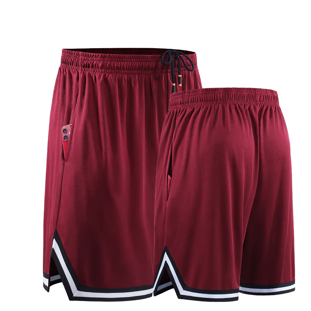Alt Tag: Elastic Waist Gym and Jogging Basketball Shorts - SF4449 maroon men’s athletic shorts with drawstring waist, side pockets, contrast trim