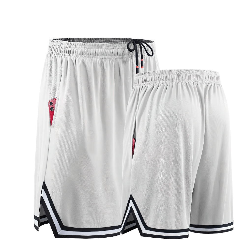 Alt Tag: Elastic Waist Gym and Jogging Basketball Shorts - SF4449 white men's athletic shorts with drawstring waist, side pockets, contrast trim