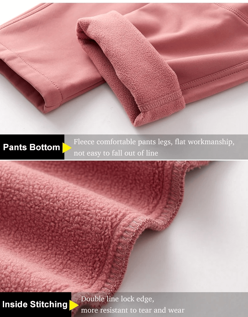 Close-up of pink trail pants showcasing fleece lining and durable stitching for hiking and skiing comfort.