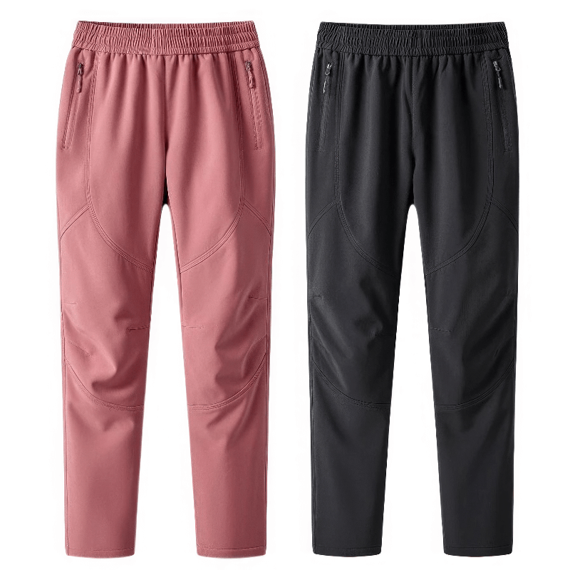 Elastic Waist Outdoor Pants for Trekking and Skiing in pink and black, featuring thermal insulation, waterproof, windproof materials.