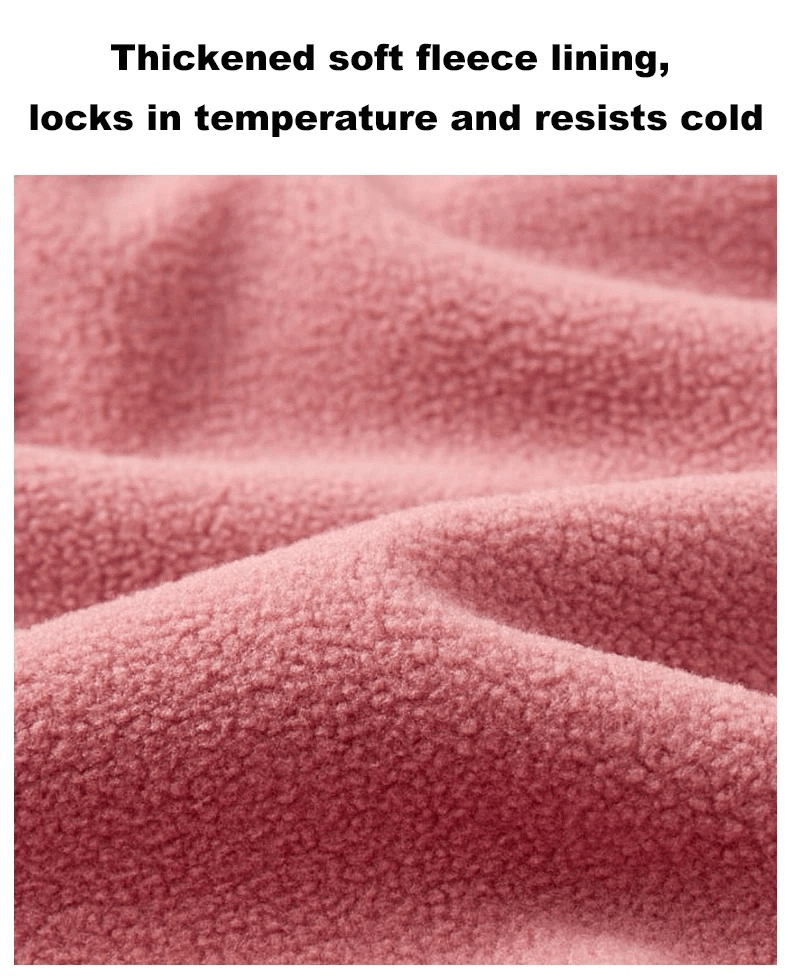 Close-up of thickened soft fleece lining in pink, showcasing warmth and resistance to cold for elastic waist outdoor pants.