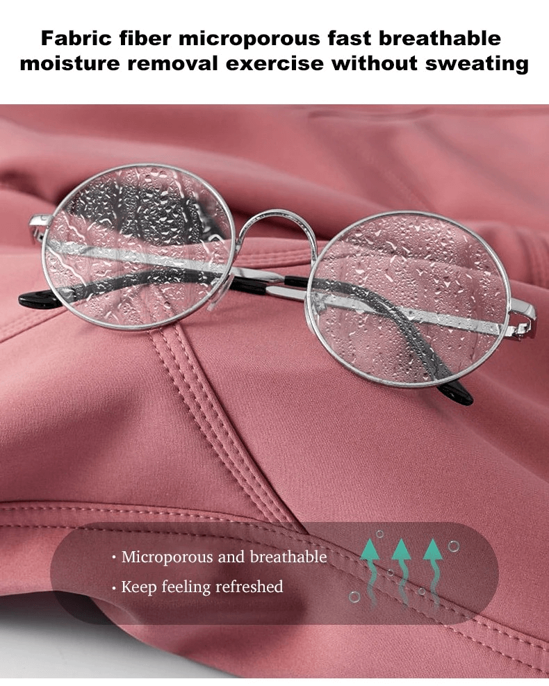 Round glasses on breathable, microporous fabric, showcasing moisture resistance of trekking and hiking pants.