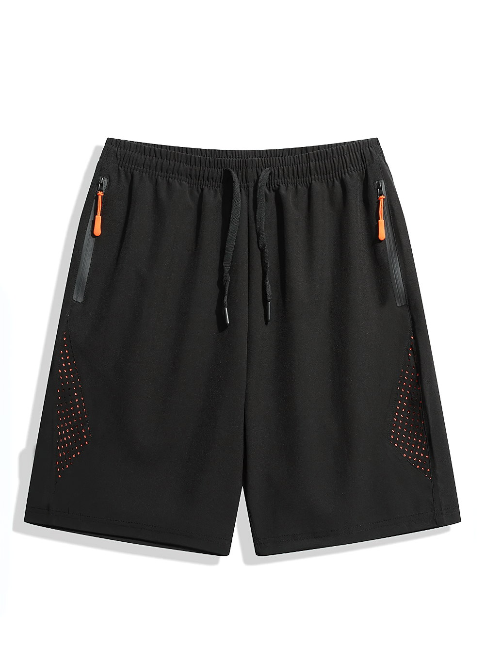 Alt Tag: Elastic Waist Running Shorts with Zipper Pockets - SF4432 black men’s breathable athletic shorts with drawstring and zipper pockets