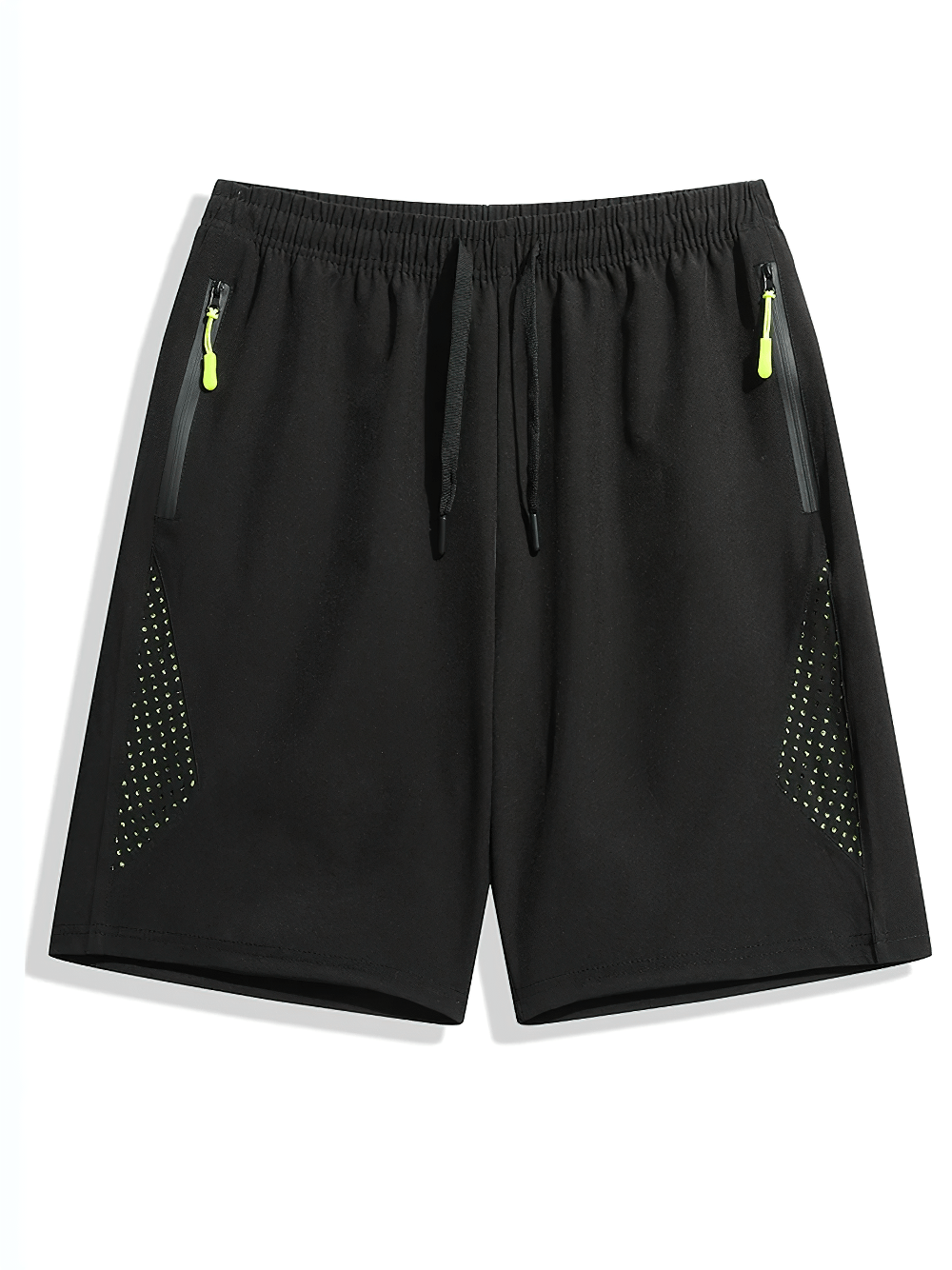 Alt Tag: Elastic Waist Running Shorts with Zipper Pockets - SF4432 black breathable men’s athletic shorts with drawstring waist and zip pockets
