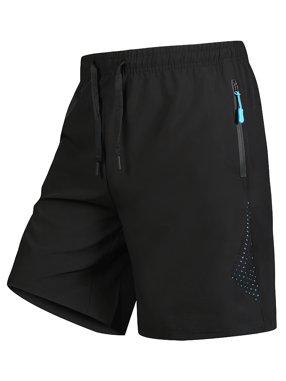 Alt Tag: Elastic Waist Running Shorts with Zipper Pockets - SF4432 black breathable men’s athletic shorts with drawstring and zip pocket