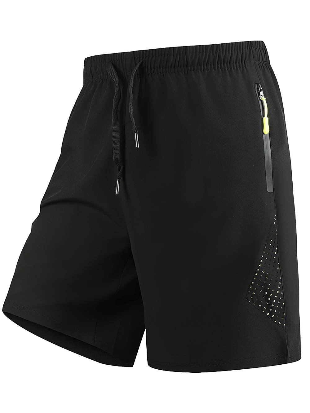 Alt Tag: Elastic Waist Running Shorts with Zipper Pockets - SF4432 black breathable men’s athletic shorts with drawstring and zip pocket