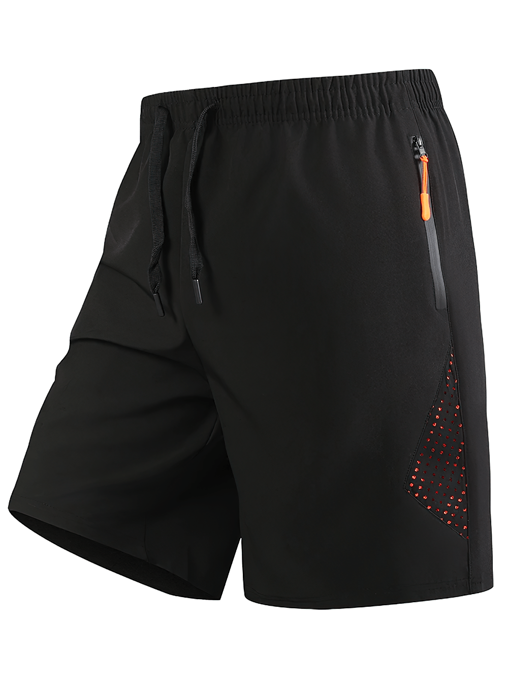 Alt Tag: Elastic Waist Running Shorts with Zipper Pockets - SF4432 black breathable men’s athletic shorts with drawstring and zip pocket