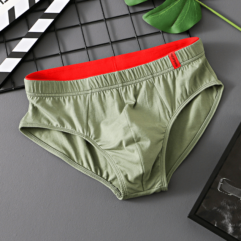 Olive green men's briefs with red waistband, breathable cotton fabric, elastic waist offers comfort and style, perfect for daily wear.