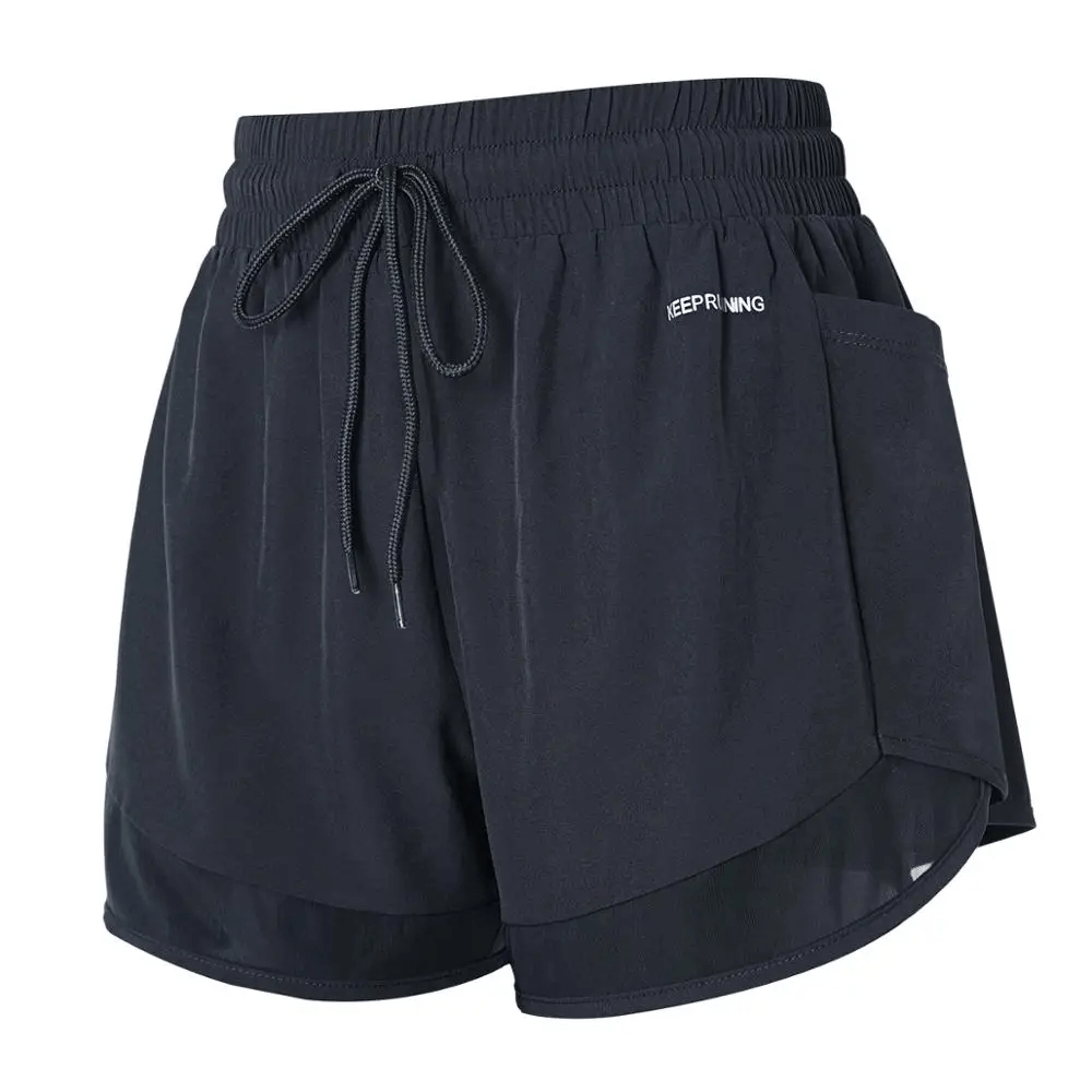 Women's elastic waistband sports shorts with side pocket, adjustable drawstring, black color. Perfect for workouts and evening runs.