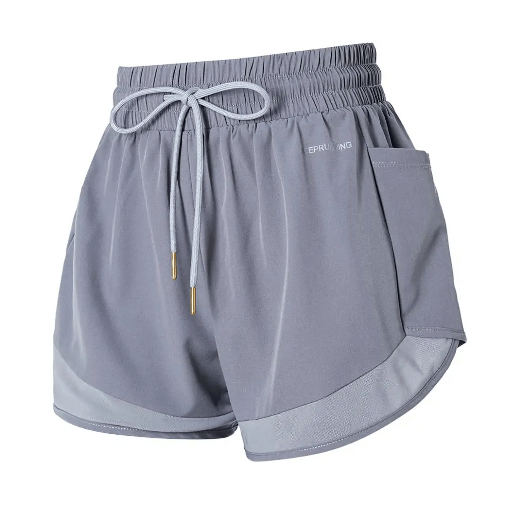 Gray elastic waistband sports shorts with side pocket and adjustable drawstring for women.