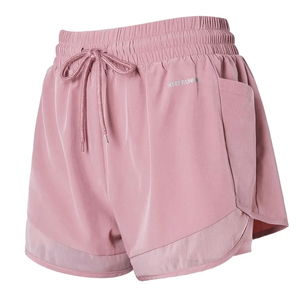 Pink elastic waistband sports shorts with side pocket and drawstring, ideal for workouts and evening runs. SF2229.