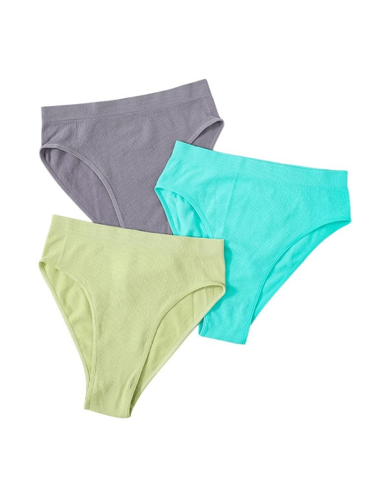 Set of three elastic high-rise women's cotton briefs in gray, mint, and teal colors. Soft and breathable for everyday comfort.