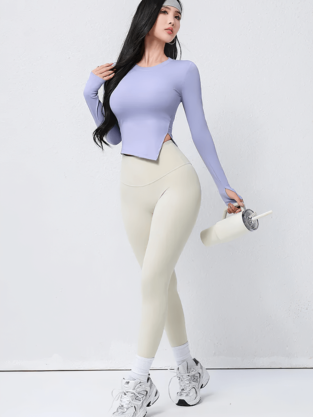 Elastic Women Long Sleeve Breathable Workout Top - SF4196 in action, ideal for yoga and fitness with stylish O-neck and medium stretch.