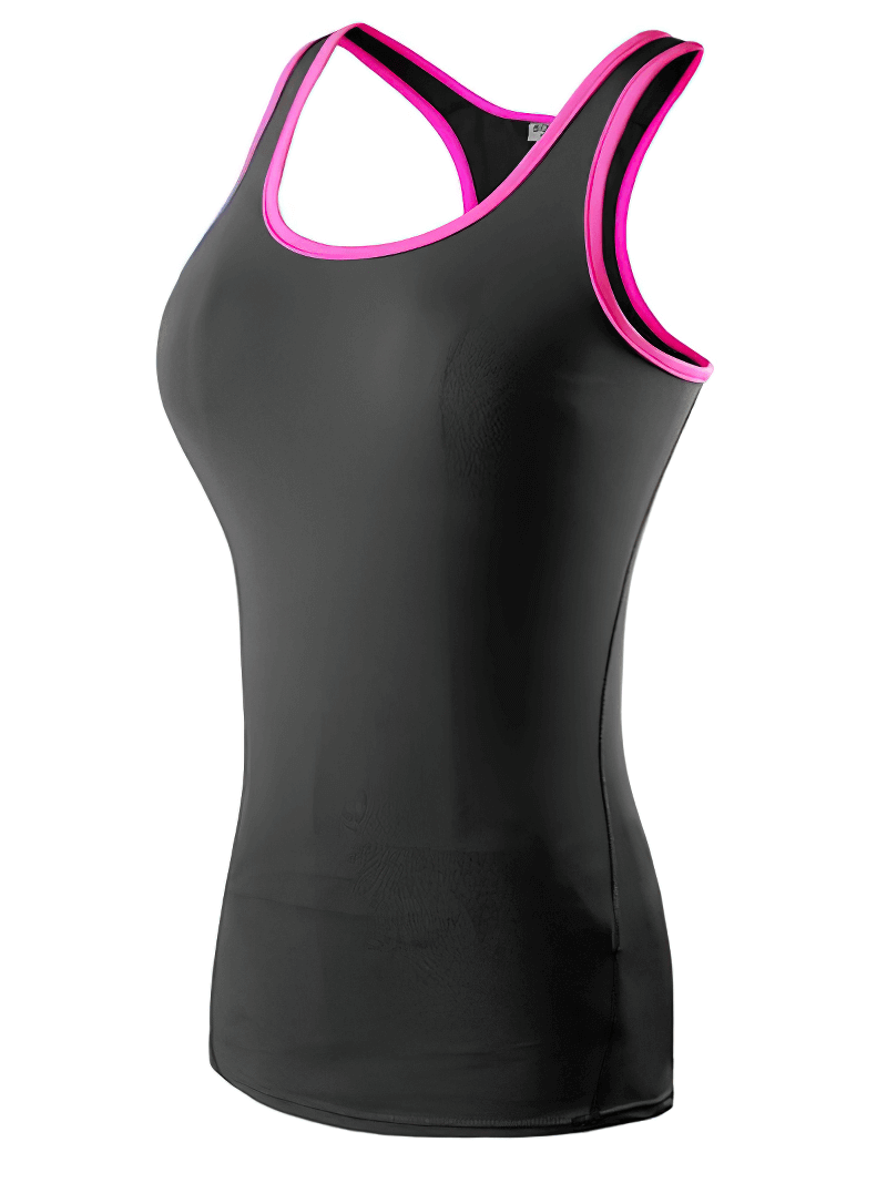 Black elastic women's gym tank top with pink trim, ideal for fitness and sports. Breathable polyester and spandex blend.