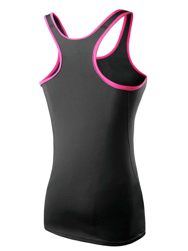 Black elastic women's tank top with pink trim, perfect for gym workouts and fitness, made from breathable polyester and spandex.
