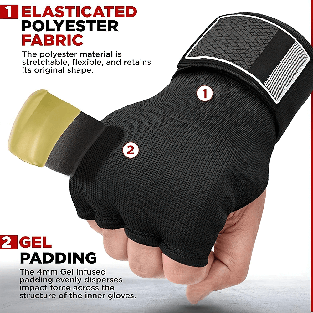 Elasticated inner hand wraps with gel padding for MMA and Kickboxing, featuring breathable polyester and Quick-EZ closure for support.