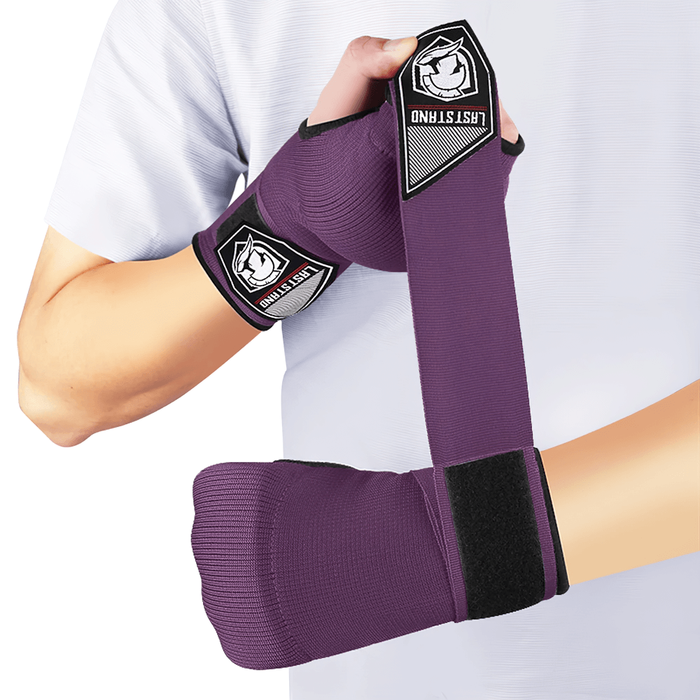 Purple elasticated hand wraps with gel padding for MMA and kickboxing, featuring Quick-EZ closure for support and comfort.