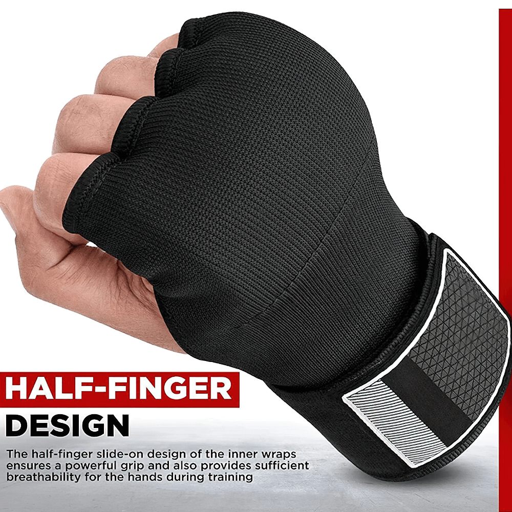 Alt Tag: Half-finger black hand wrap with Quick-EZ closure, offering breathability and secure fit for MMA, boxing, and kickboxing.