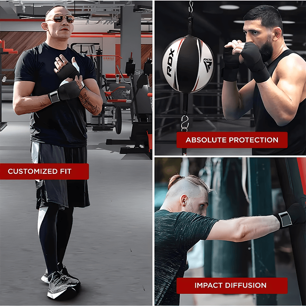 MMA fighters using elasticated inner hand wraps with gel padding for training, showcasing customized fit, absolute protection, and impact diffusion.