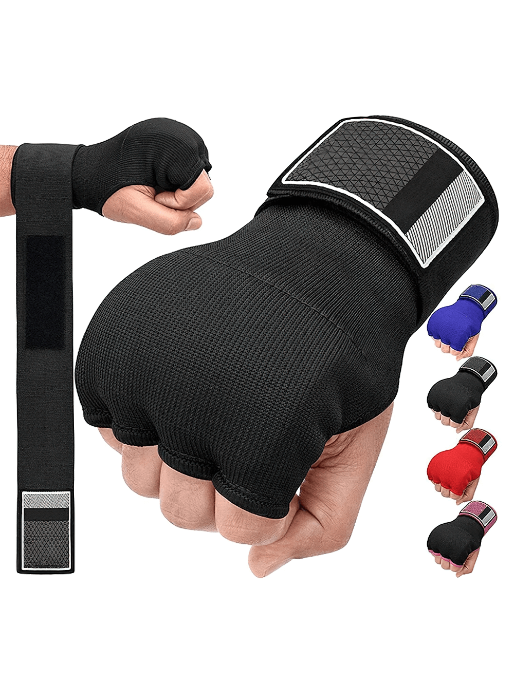 Elasticated Inner Hand Wraps with Gel Padding in black, blue, and red for MMA, with secure Quick-EZ closure and breathable design.
