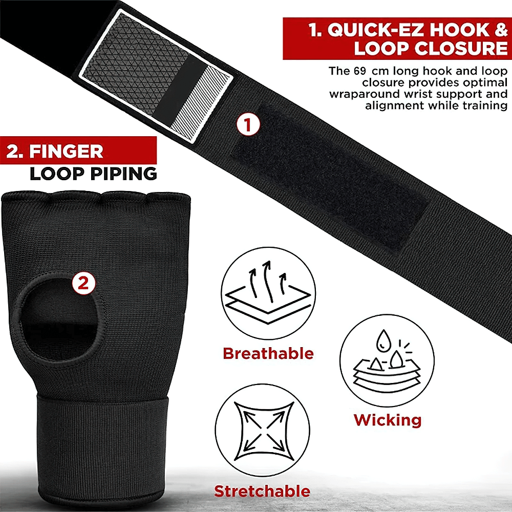 Elasticated hand wraps with gel padding, breathable fabric, and Quick-EZ closure for boxing and MMA. Stretchy and moisture-wicking.