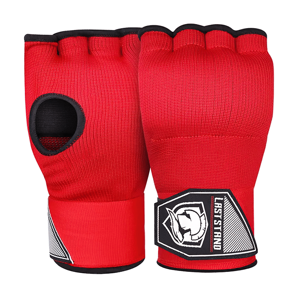 Red elasticated inner hand wraps with gel padding for MMA and kickboxing, featuring breathable polyester and Quick-EZ closure, model SF2698.