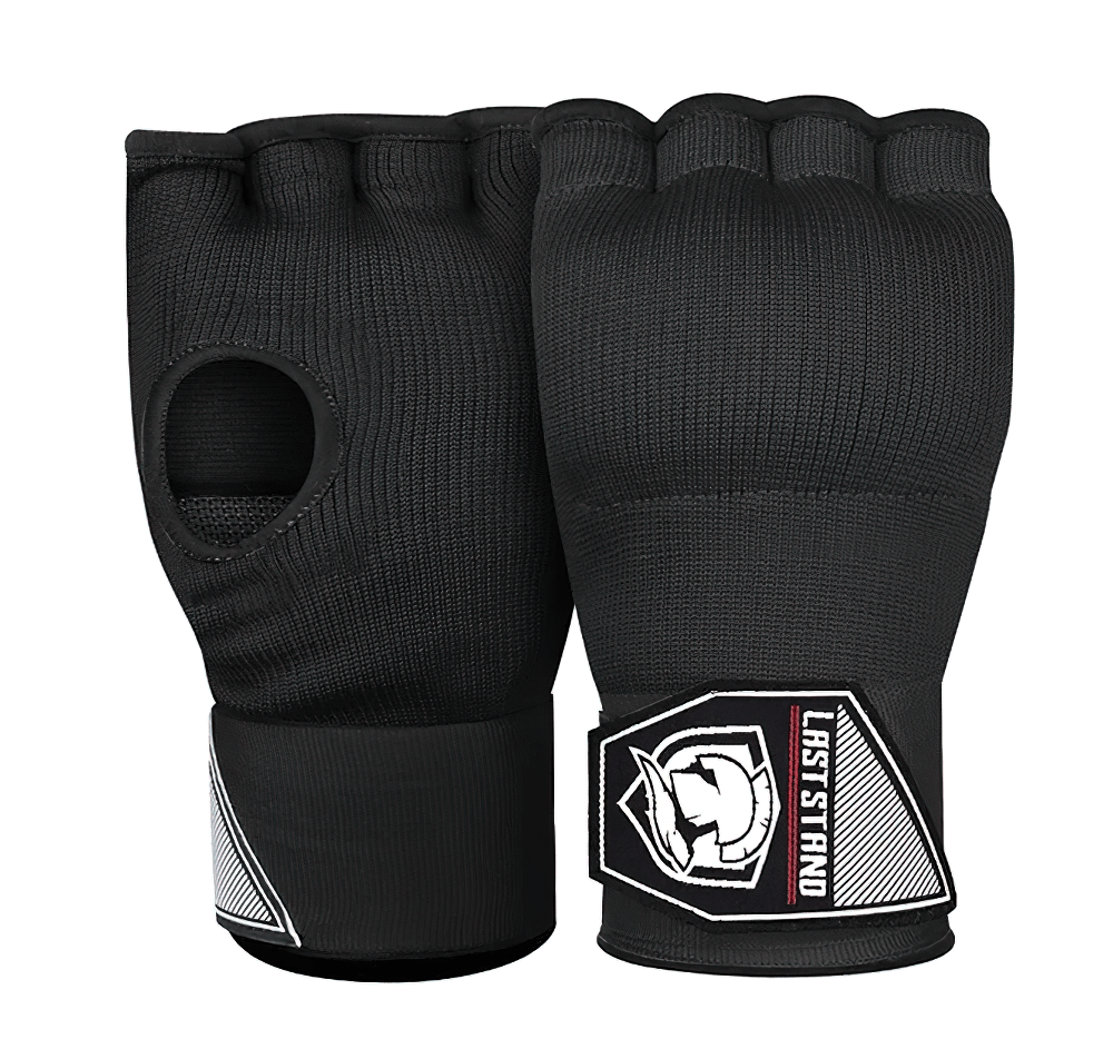Black elasticated hand wraps with gel padding for MMA and kickboxing, featuring Quick-EZ closure for secure fit and wrist support.
