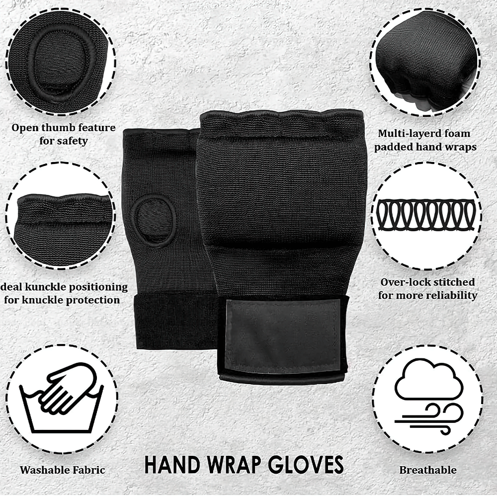 Black hand wrap gloves with gel padding and Quick-EZ closure, ideal for MMA, kickboxing, and Muay Thai. Features breathable fabric.