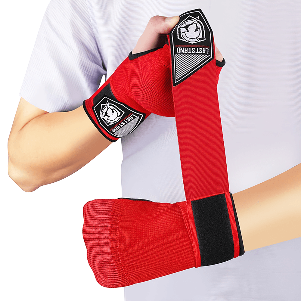 Red elasticated hand wraps with gel padding for MMA and kickboxing, featuring a secure Quick-EZ closure for optimal wrist support.