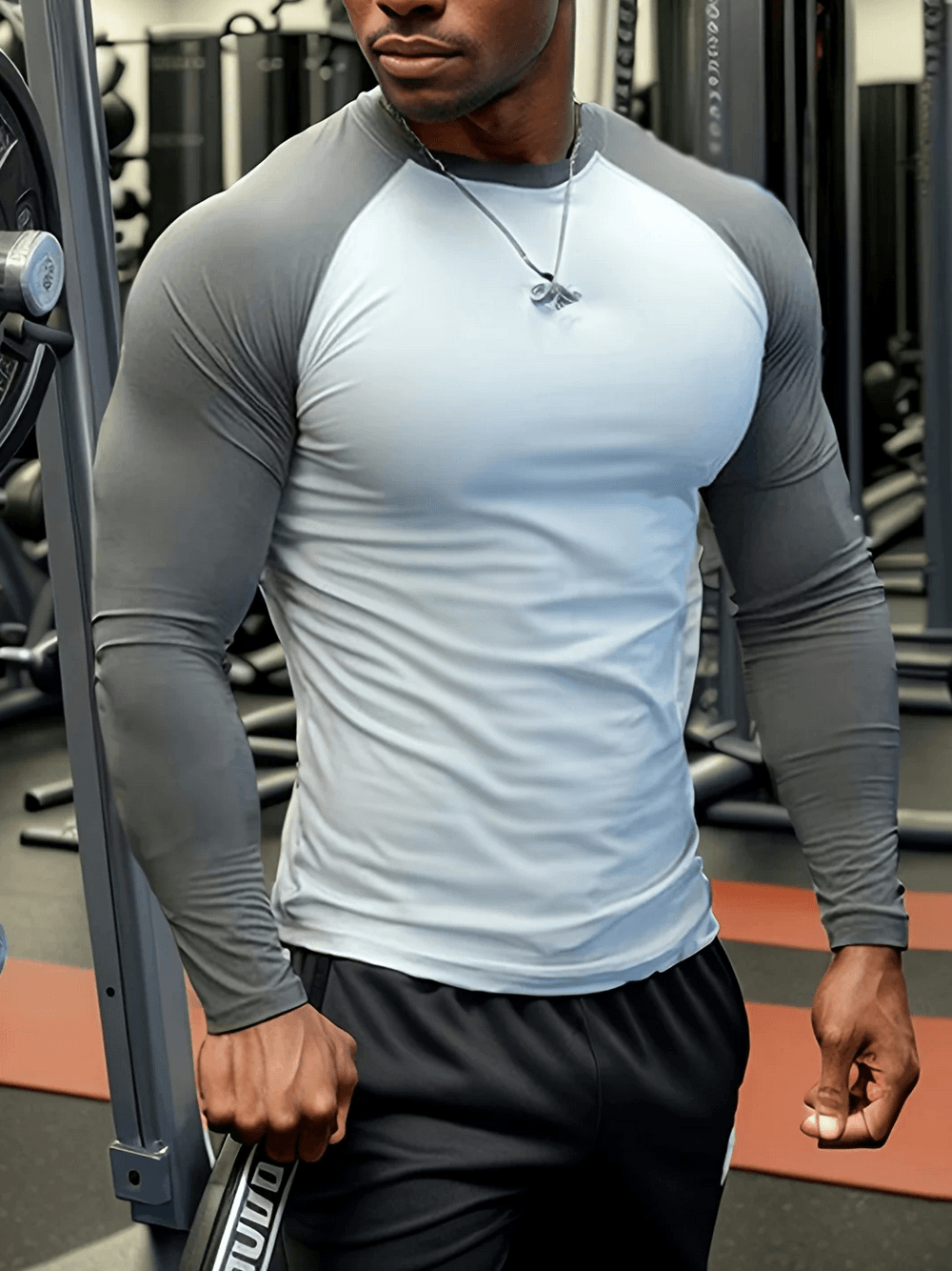 Elasticity Compression Raglan Top for Gym Training - SF4599 worn by a muscular man at the gym.
