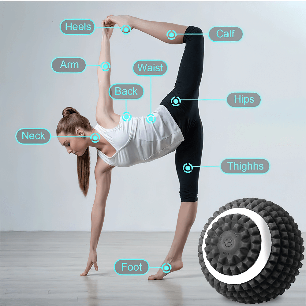 Woman in yoga pose showcasing the muscle relief benefits of the SF3252 Electric Fascial Ball Massager, targeting various body parts.