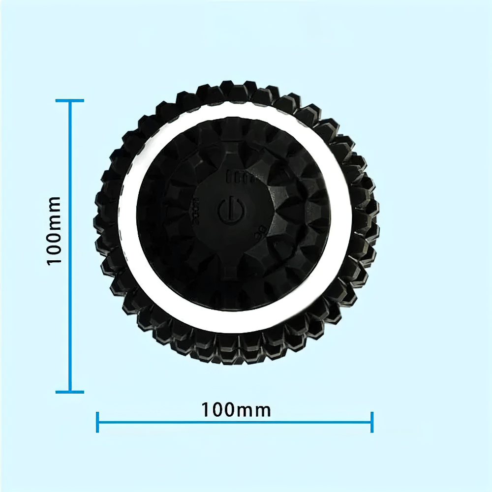 Black electric fascial ball massager SF3252 with dimensions showing 100mm diameter, on a light blue background.