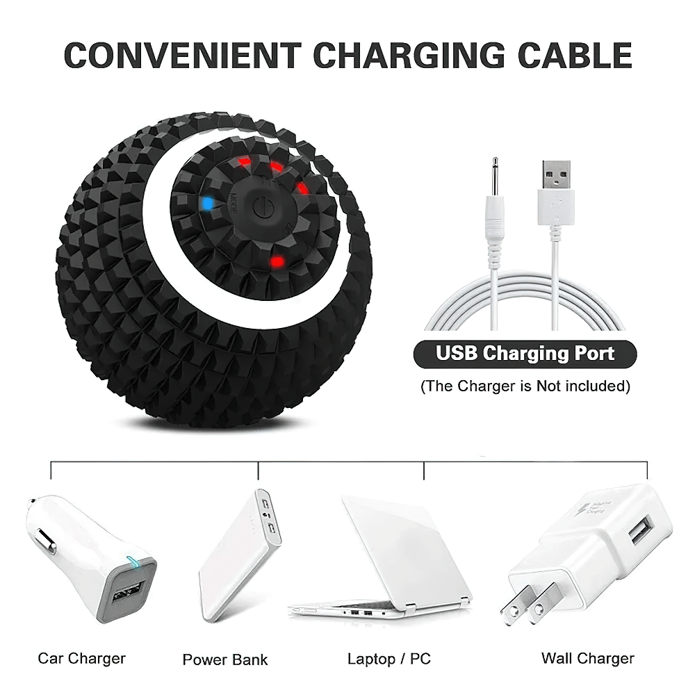 Electric fascial ball massager with USB charging tutorial, compatible with car charger, power bank, laptop, and wall charger.