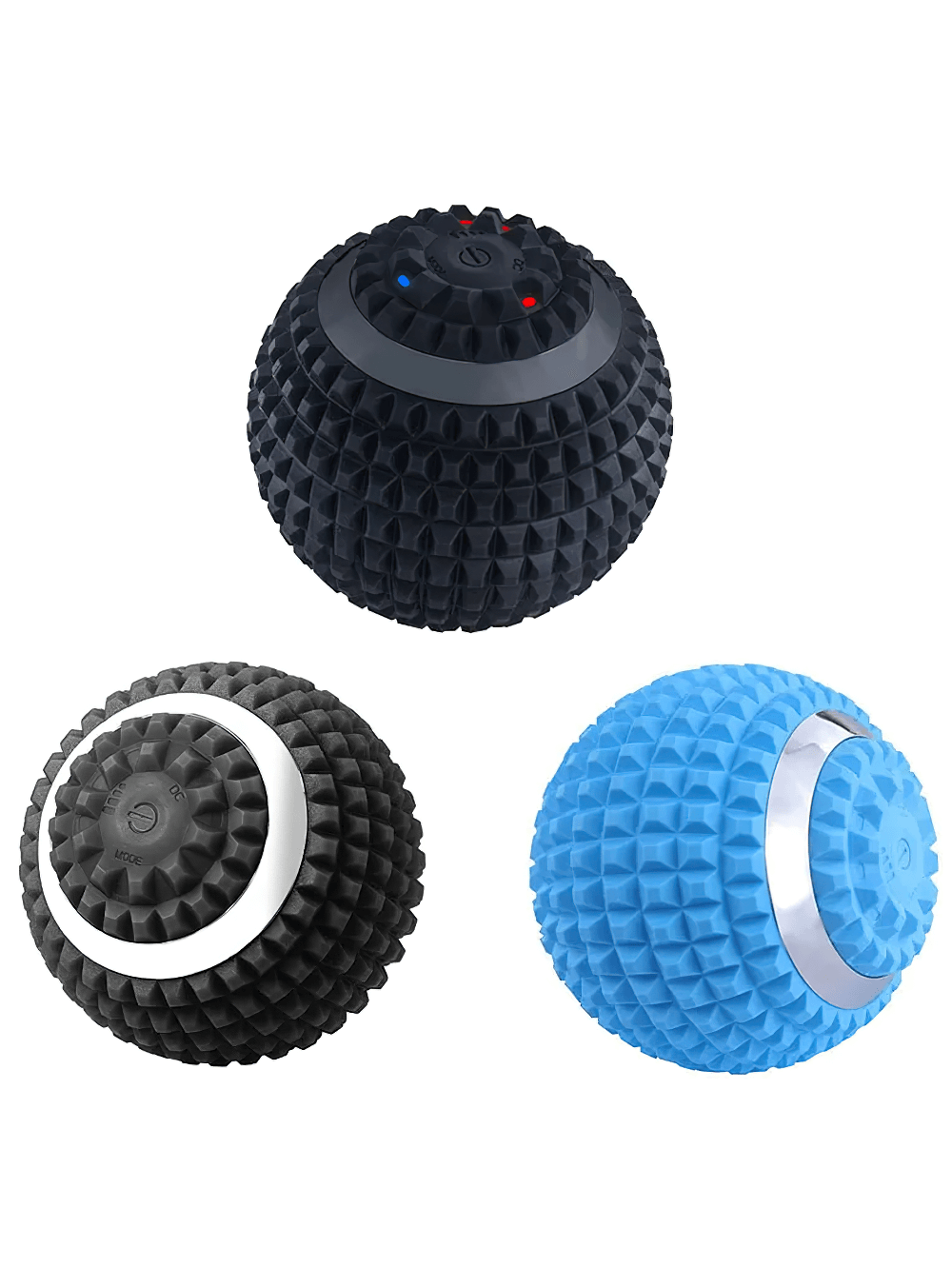 Three vibrant electric fascial ball massagers for muscle relief, featuring textured surfaces in black and blue color options.