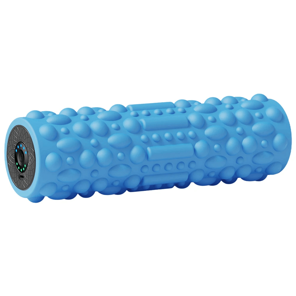 Blue electric vibrating foam roller SF3228 with textured nodules for deep tissue massage and muscle recovery.