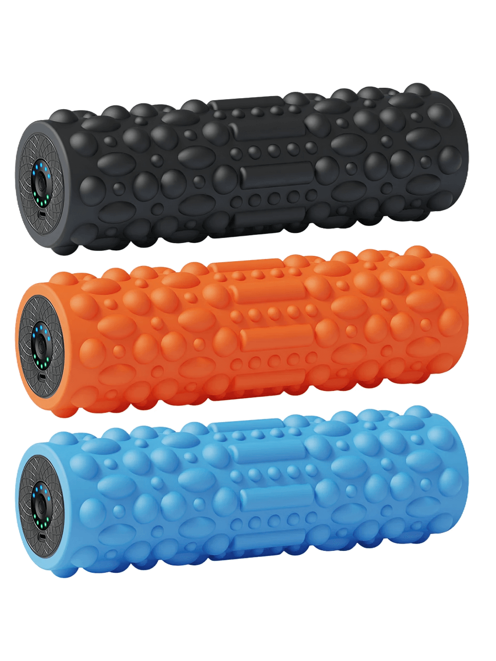 Electric vibrating foam roller SF3228 in black, orange, and blue for deep tissue massage and post-workout muscle recovery.