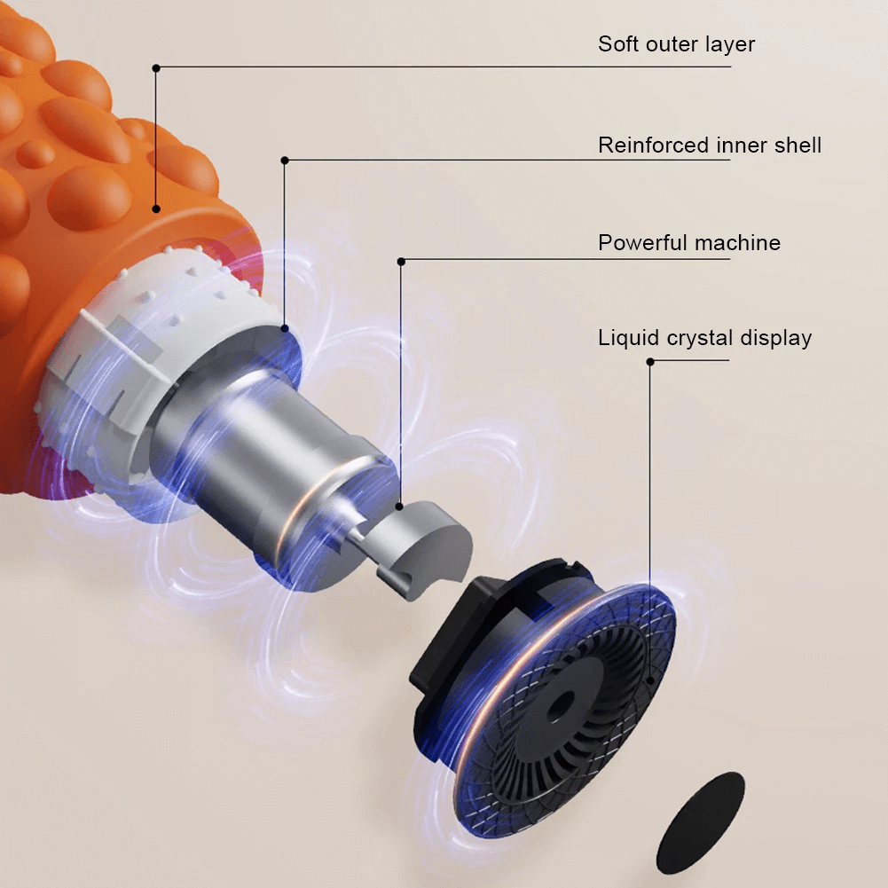 Exploded view of an electric vibrating foam roller featuring a textured outer layer, powerful motor, and LCD display.