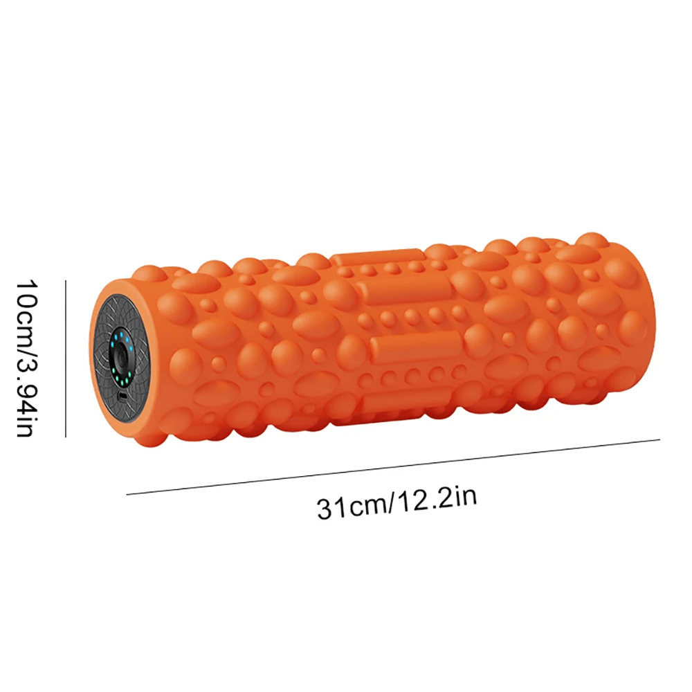 Vibrating foam roller SF3228 in bold orange with textured nodules for deep tissue massage, dimensions 31cm x 10cm.
