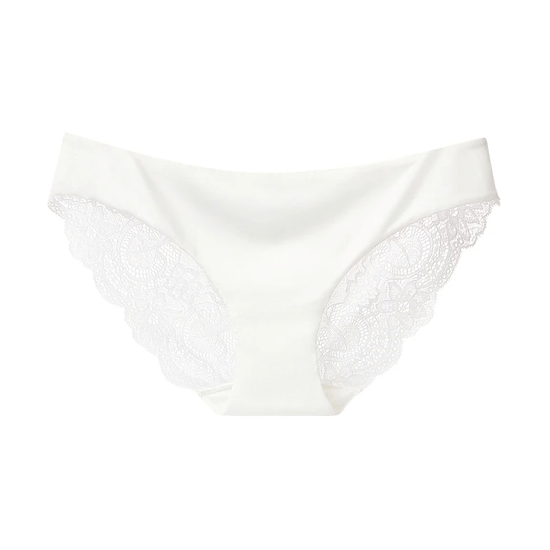 Elegant lace-trimmed white panties with delicate detailing, offering a chic and stylish fit for modern women.