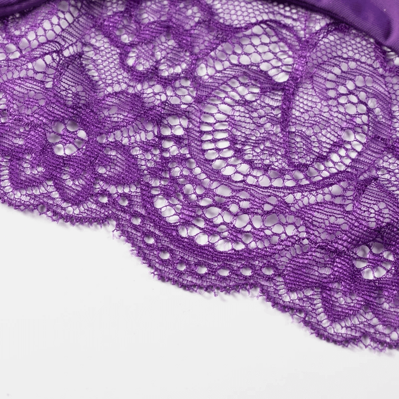Close-up of elegant lace detailing in vibrant purple, showcasing delicate floral patterns and chic design on women's panties.