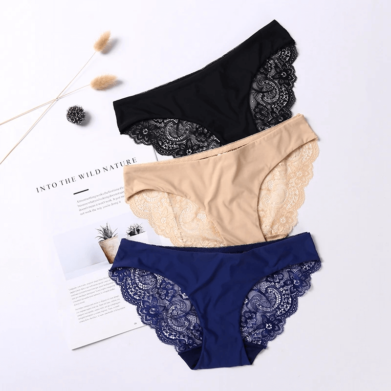 Elegant lace-trimmed panties in black, nude, and navy for a stylish fit, showcasing chic design and comfort for modern women.