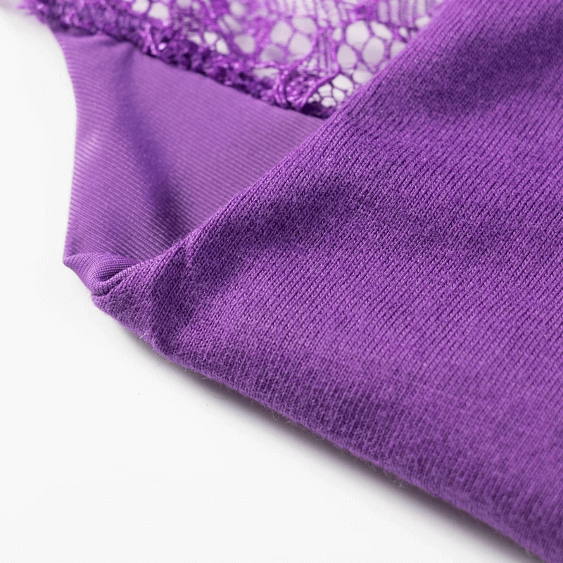 Close-up of purple lace-trimmed panties showcasing intricate lace detailing and smooth fabric for a chic, stylish fit.