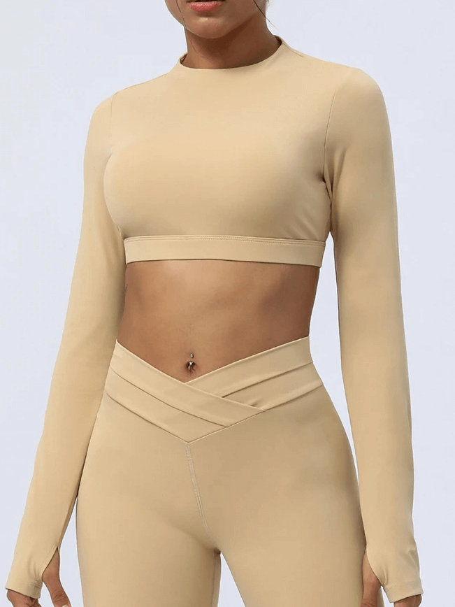 Elegant Women's Cut-Out Back Yoga Top in earth tone, showcasing unique back design and stylish look for active fashion-forward women.