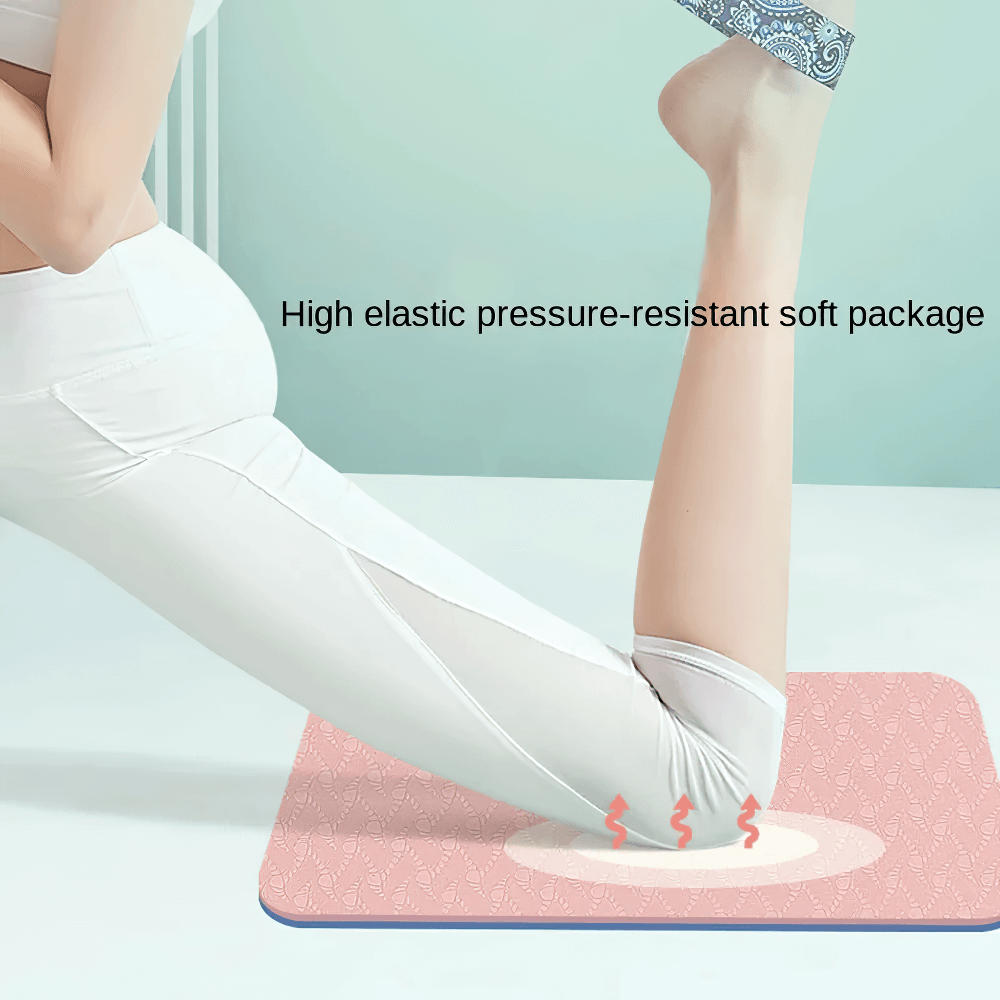 Person using pink yoga mat for knee support during stretch, showcasing high-elastic, pressure-resistant foam for stability.
