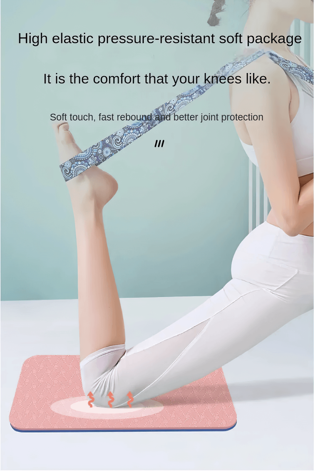 Yoga mat pad under knee for comfort and joint protection during stretch exercise, highlighting anti-slip and pressure-resistant features.