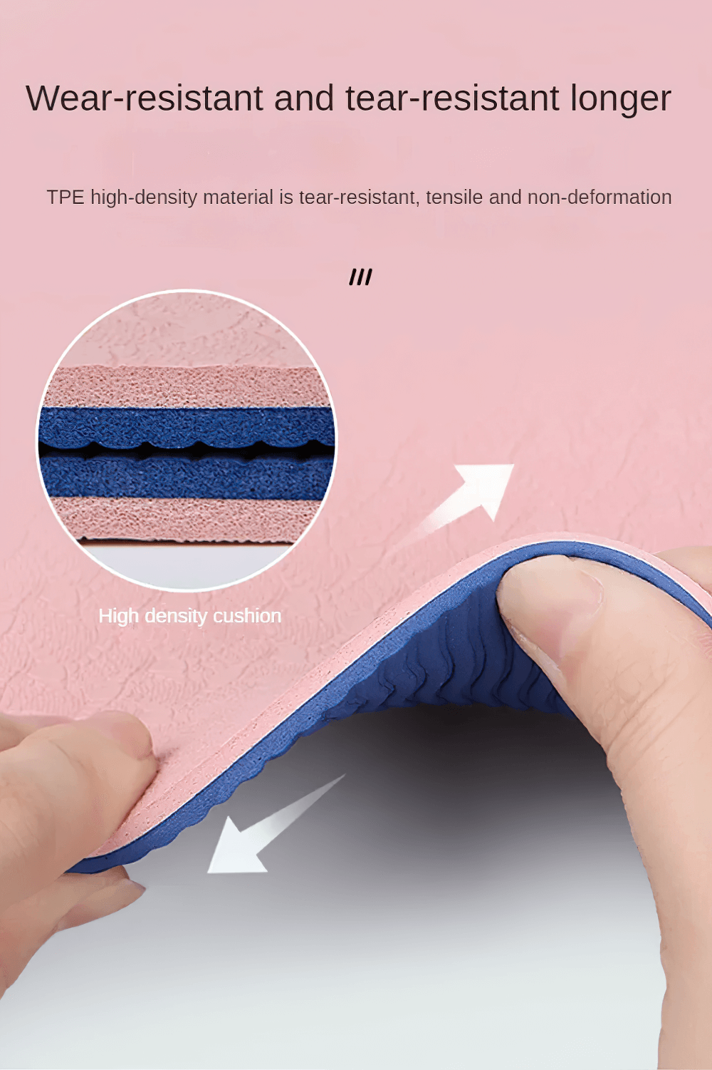 Close-up of high-density, tear-resistant TPE material yoga mat being flexed to show durability and cushioning.