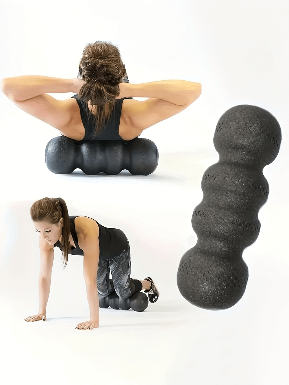 Woman using EPP peanut massage roller for muscle therapy on back and legs, designed for deep tissue relief and recovery.