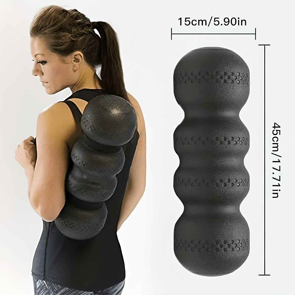 Woman using EPP Massage Roller for deep tissue back therapy. Ideal for muscle recovery and tension relief. Size: 15cm x 45cm.